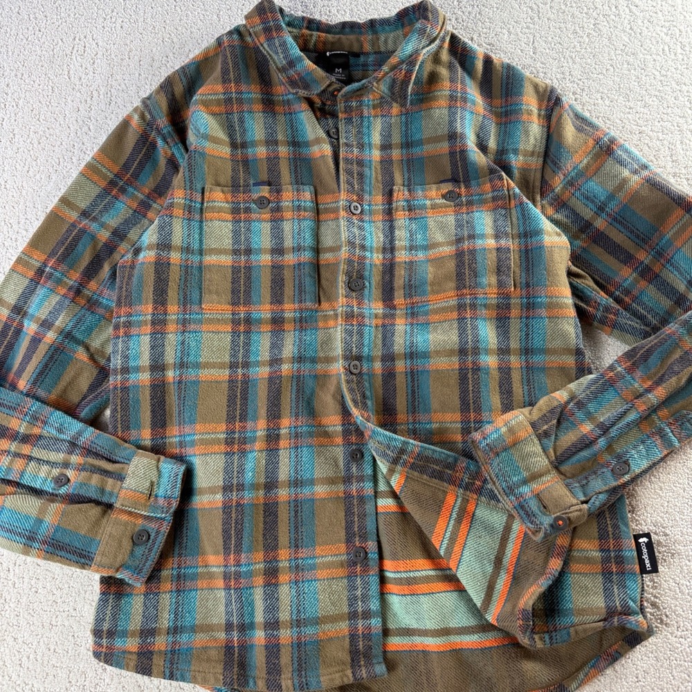 Cotopaxi Mens Suko Organic Cotton Flannel Shirt Brown Teal Orange‎ Plaid Medium